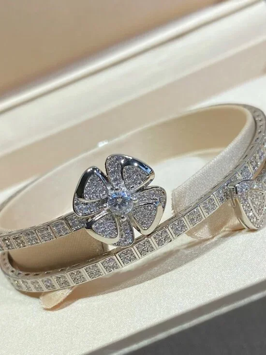 Bulgari Silver Crystal Floral Double Cuff Bracelet - Picture 3 of 5